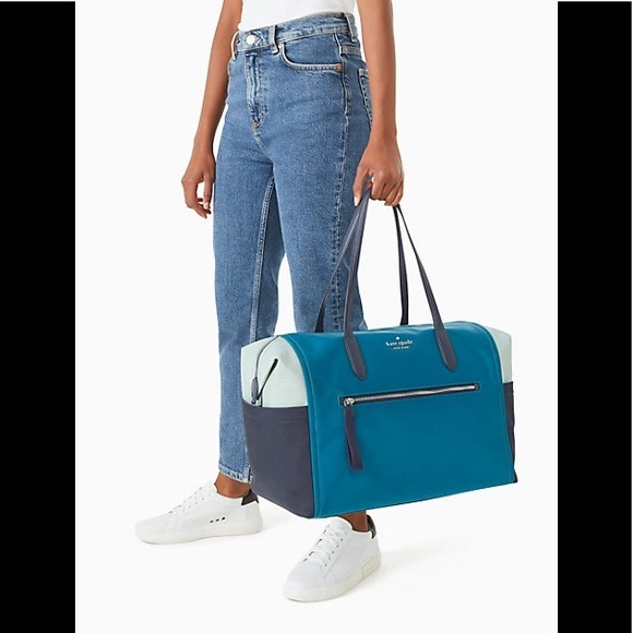 ♠️ kate spade ♠️ Chelsea Tricolor Colorblock Nylon Weekender Duffle Bag, Blue - Picture 10 of 10